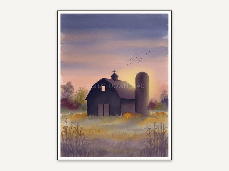 Soft watercolor barn silhouette at dusk print