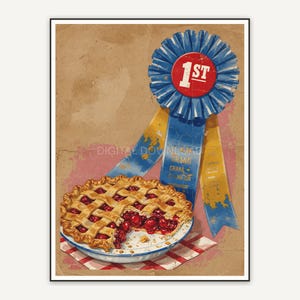 Blue ribbon and cherry pie illustration