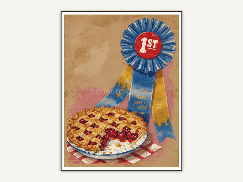 Blue ribbon and cherry pie illustration