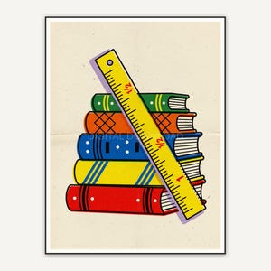Stacked books with wooden ruler graphic
