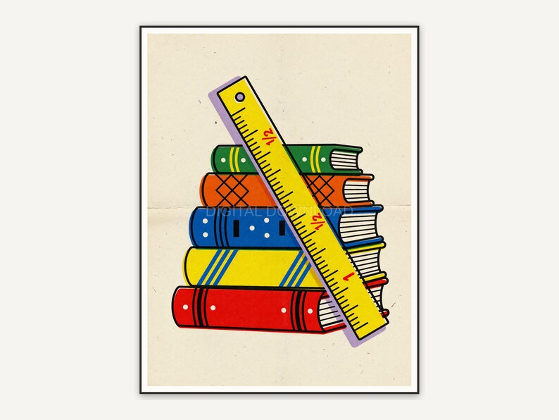Stacked books with wooden ruler graphic
