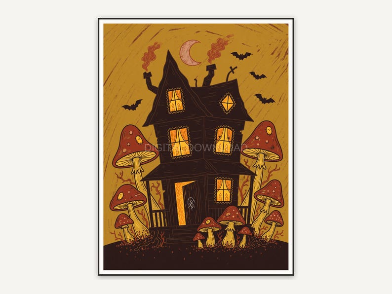 Silhouette of haunted house with glowing windows