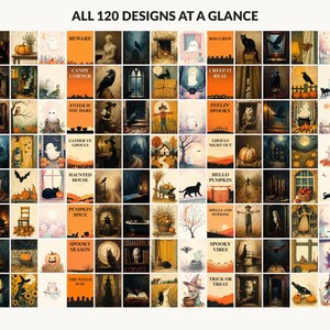 All 120 Halloween printable designs in the bundle shown together on one contact sheet