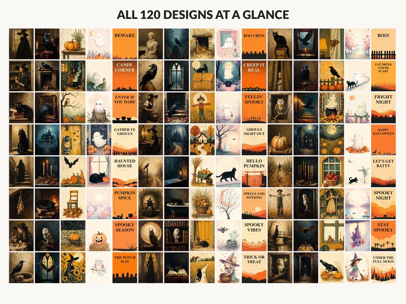 All 120 Halloween printable designs in the bundle shown together on one contact sheet