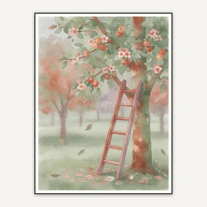 orchard ladder against tree watercolor art