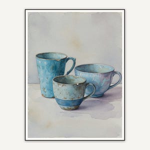 Three blue cups watercolor