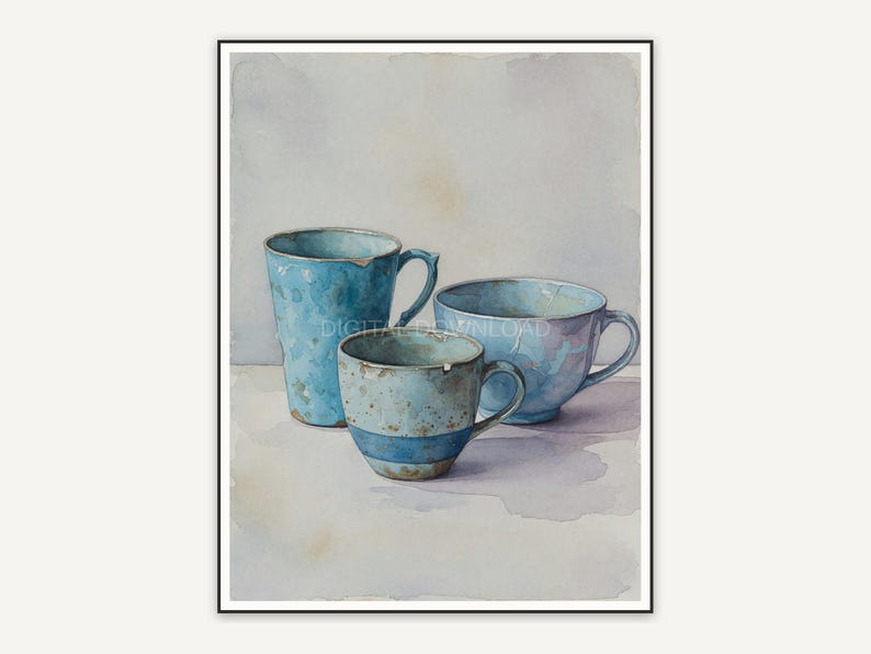 Three blue cups watercolor