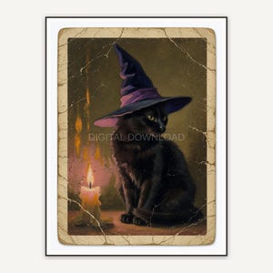 Vintage oil painting postcard of a black cat in a witch hat