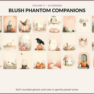 Volume 4 Blush Phantom Companions: 24 printable Halloween art designs, soft rounded ghosts and cats in gentle pastel tones