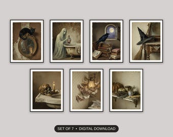 Halloween Bathroom, Set Of 7 Prints, Vintage Oil Painting, Powder Room Decor, Spooky Season Mantel Art, Digital Download