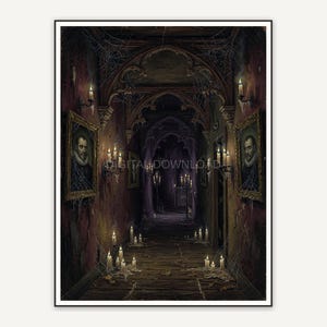 Haunted manor corridor with candles