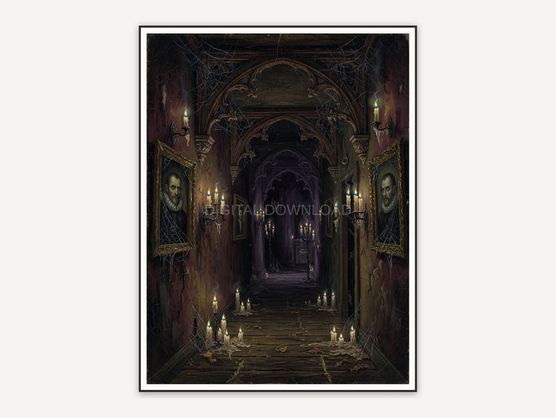 Haunted manor corridor with candles