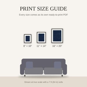 Print size guide showing 8x10, 11x14, and 16x20 framed prints at true scale beside a sofa