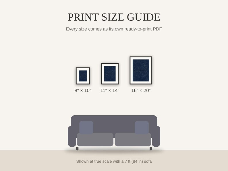 Print size guide showing 8x10, 11x14, and 16x20 framed prints at true scale beside a sofa