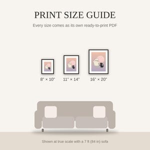 Print size guide showing 8x10, 11x14, and 16x20 framed prints at true scale beside a sofa