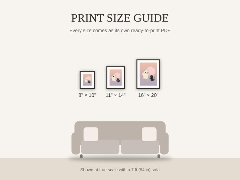 Print size guide showing 8x10, 11x14, and 16x20 framed prints at true scale beside a sofa