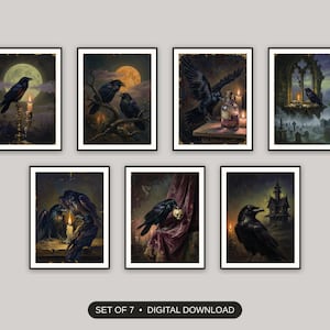 Set of 7 halloween decor and spooky season wall art printable prints shown as a gallery wall