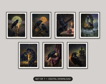 Vintage Raven Print, Set van 7, Vintage olieverfschilderijen Halloween prints, Galerijwand decoratie voor de hal, Sfeervolle schoorsteenmantel kunst
