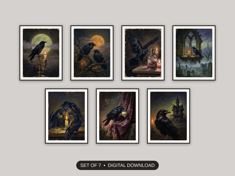Set of 7 halloween decor and spooky season wall art printable prints shown as a gallery wall