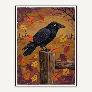 Hand painted raven on fence with fall leaves