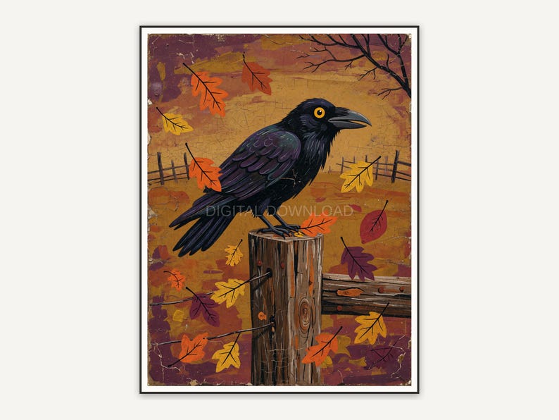 Hand painted raven on fence with fall leaves