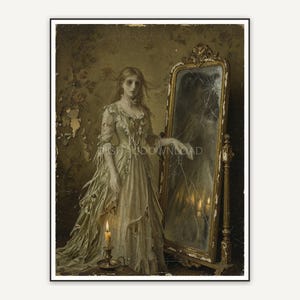 Vintage oil painting of a ghost in Victorian gown beside a cracked mirror
