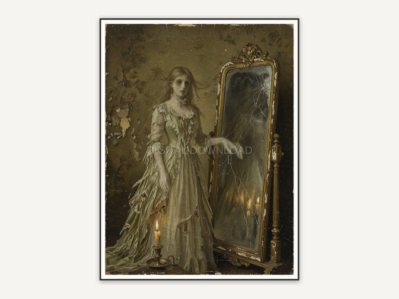 Vintage oil painting of a ghost in Victorian gown beside a cracked mirror