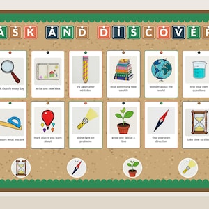 Curious Minds bulletin board kit assembled on a classroom board