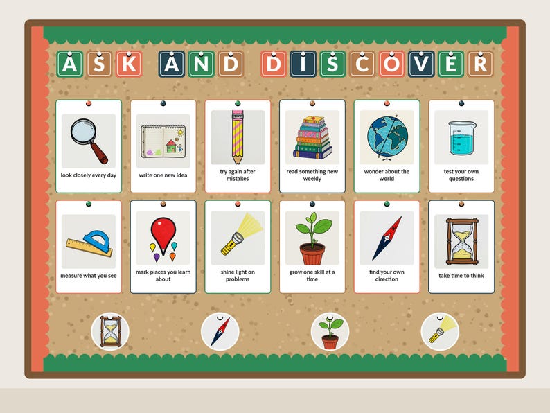 Curious Minds bulletin board kit assembled on a classroom board