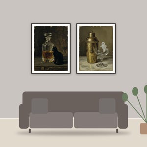 halloween bar cart print printable art framed above a sofa in a styled living room