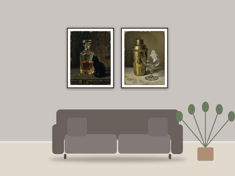 halloween bar cart print printable art framed above a sofa in a styled living room