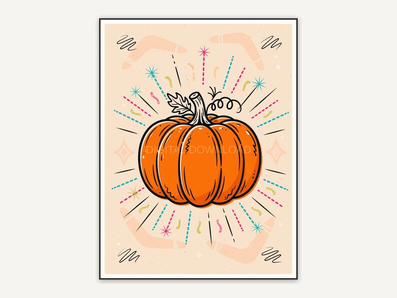 retro mid century pumpkin print in orange and black on cream