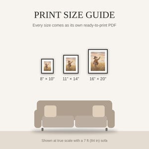 Print size guide showing 8x10, 11x14, and 16x20 framed prints at true scale beside a sofa