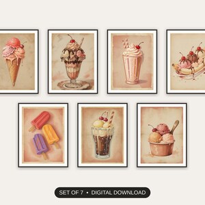 Set of 7 retro summer treat illustrations printable prints shown as a gallery wall