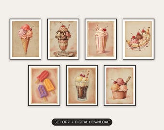 Vintage Ice Cream Prints Set of 7 | Retro Summer Treat Illustrations | Labor Day Porch Decor Digital Download