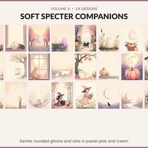 Volume 4 Soft Specter Companions: 24 printable Halloween art designs, gentle rounded ghosts and cats in pastel pink and cream