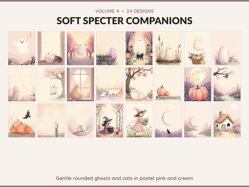 Volume 4 Soft Specter Companions: 24 printable Halloween art designs, gentle rounded ghosts and cats in pastel pink and cream