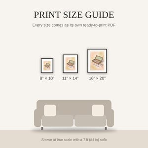 Print size guide showing 8x10, 11x14, and 16x20 framed prints at true scale beside a sofa