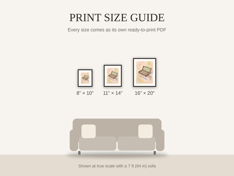 Print size guide showing 8x10, 11x14, and 16x20 framed prints at true scale beside a sofa