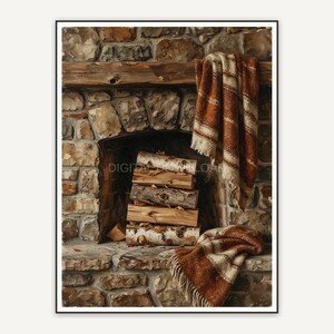 Stone fireplace with logs and blanket