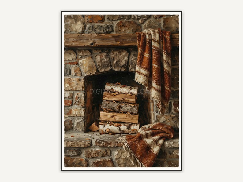 Stone fireplace with logs and blanket