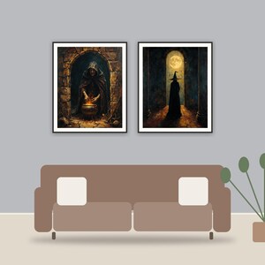 Candlelit Coven Scenes printable art framed above a sofa in a styled living room