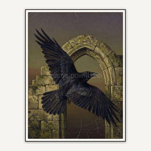 Vintage oil painting of raven against stone arch