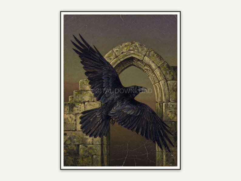 Vintage oil painting of raven against stone arch