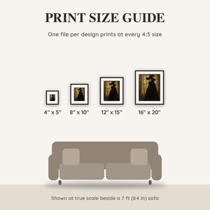 Print size guide showing 4x5, 8x10, 12x15 and 16x20 inch Halloween prints at true scale beside a sofa