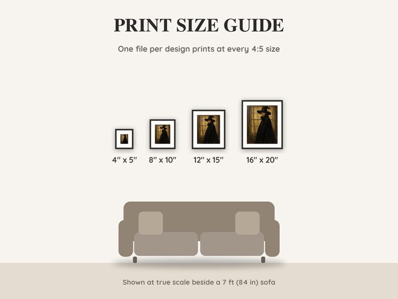 Print size guide showing 4x5, 8x10, 12x15 and 16x20 inch Halloween prints at true scale beside a sofa