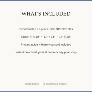 What's included: 7 art prints as 300 DPI PDFs in three sizes plus printing guide and thank-you card