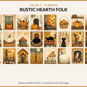 Volume 4 Rustic Hearth Folk: 24 printable Halloween art designs, naive primitive folk in mustard rust and sage