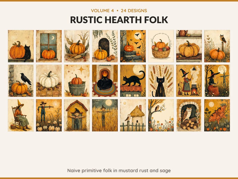 Volume 4 Rustic Hearth Folk: 24 printable Halloween art designs, naive primitive folk in mustard rust and sage