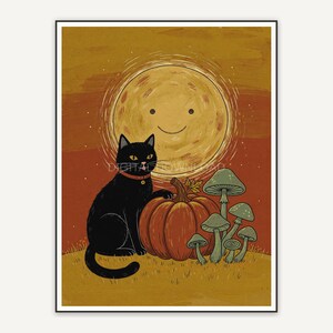 Primitive folk black cat with pumpkin and mushrooms